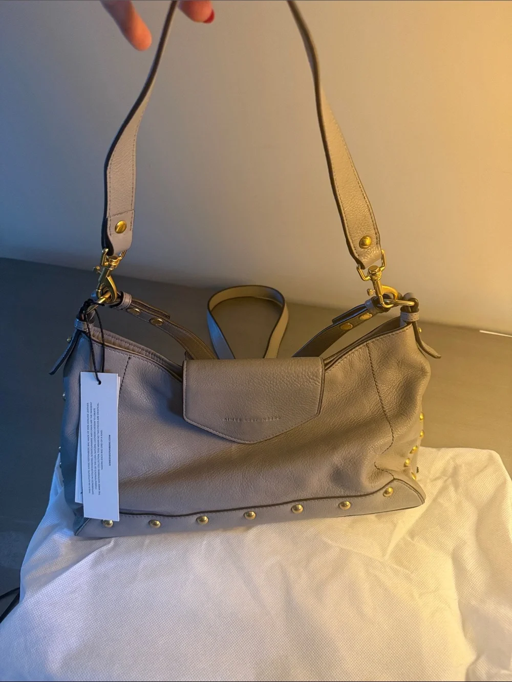 Aimee Kestenberg Taupe Leather Shoulder Bag with Gold Hardware